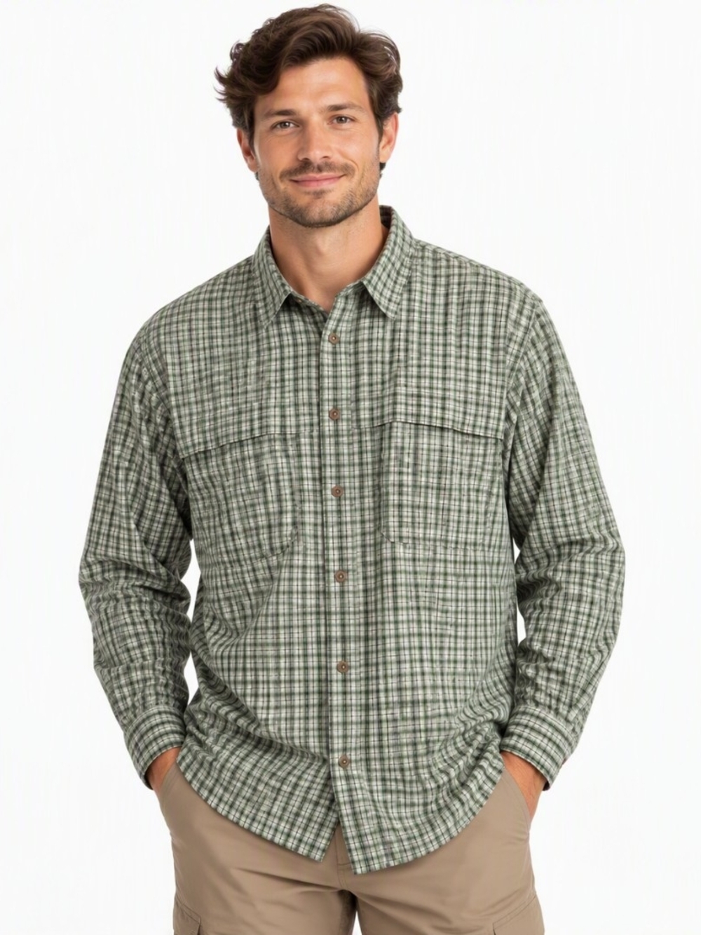 Hi Tec Green Plaid Fishing Hiking Button Front Shirt Mens Large Outdoor Top NWOT